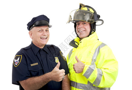 消防员和警察用拇指尖孤立在白色上图片