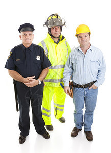 一群蓝领工人被白孤立包括一名消防员警官和建筑工人图片