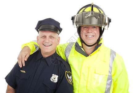 警察和消防员孤立在白色背景图片