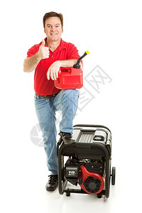 男人用他的煤气罐和便携式发电机给拇指印孤立无援背景图片