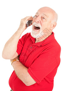 老人在用手机说话时大声地笑出来孤立在白色上图片