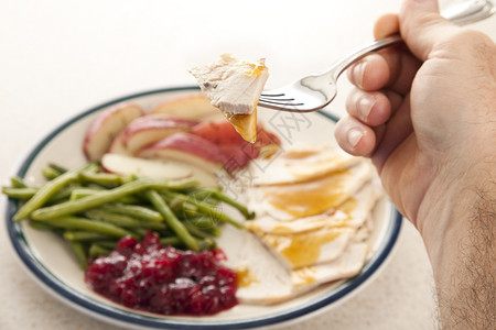 一个人的手握着叉子上面有火鸡一块将感恩节食物的盘子放在背景中将美国外交部的盘子放在了背景之下专注在单咬上图片