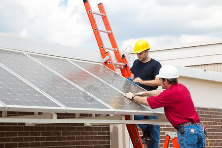 工人在建筑物屋顶上安装节能太阳电池板图片