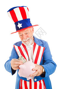 现实主义的萨姆大叔在他小猪银行存钱美国经济的比喻图片