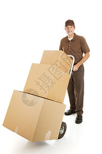 英俊的搬家男人或快递员送一堆箱子白纸孤立图片