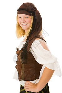 美丽的年轻女孩在万圣节扮成海盗孤立的白人女孩图片