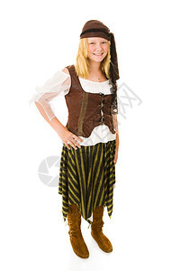 美丽的少女打扮成万圣节的海盗全身被白色隔离图片