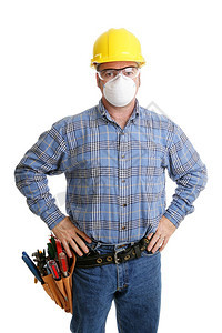 建筑工人及其具和安全设备包括硬帽护目镜和防尘罩所有设备都按照工业安全标准进行描述图片