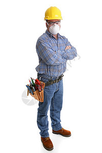 建筑工人拥有具和安全设备包括硬帽护目镜和防尘罩所描述的有设备都符合工业安全标准图片