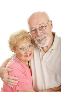 快乐的老年人戴着他们的新眼镜孤立在白色上图片