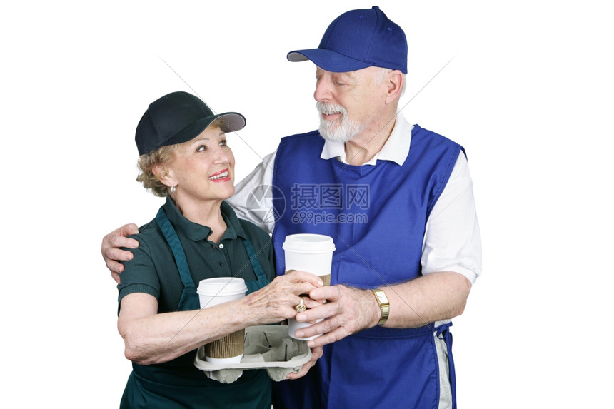 一对年长的情侣享受休息喝咖啡白着被孤立图片