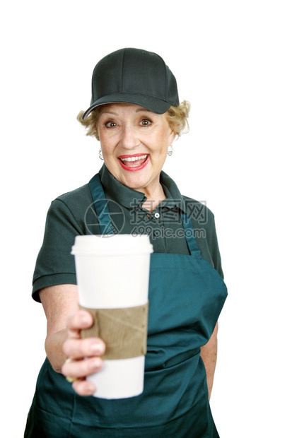 一位可爱的高级女士热衷于为咖啡服务的工作图片