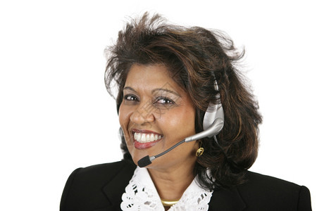 一位美丽的印度客户服务代理戴着电话耳机白被孤立图片