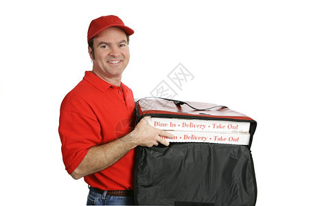 一个友好的比萨快递员把你热新鲜的比萨从气袋里拿出来图片