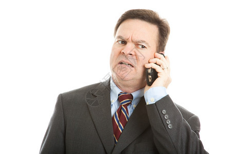 商人在用手机说话非常表情的担心脸孤立在白色上图片