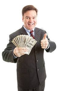 有钱生意人拿着一大笔现金拿着拇指举牌孤立在白色上图片