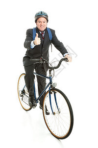 商人骑自行车工作为能源效率举起拇指全体孤立在白色上图片