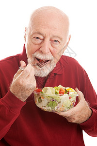 老人吃健壮的老人午餐吃健康沙拉白色背景背景