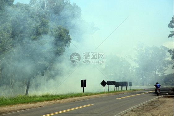 路边有自行车的森林着火图片