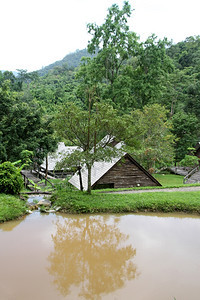 泰国北部森林中的Wooden烟雾和池塘图片