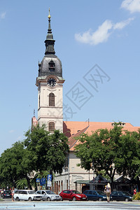 塞尔维亚Sombor带有钟塔的教堂图片