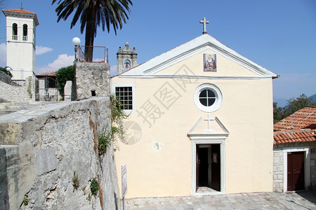 黑山HerzogNovi的旧教堂和棕榈树图片