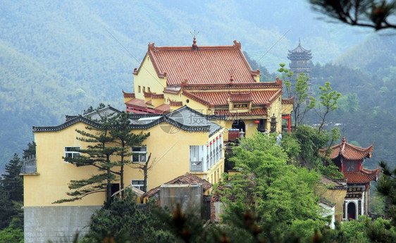 珠华山上的佛教寺庙和松树图片