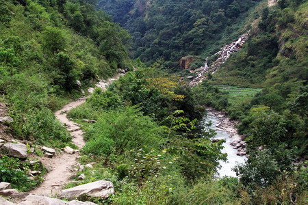尼泊尔山区的足道和河流图片