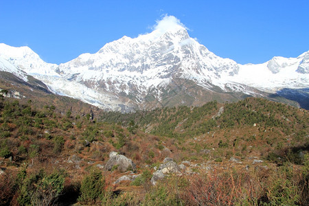 尼泊尔Manaslu山顶蓝天雪图片