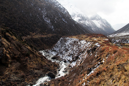 尼泊尔Samdo附近的河流和雪山图片