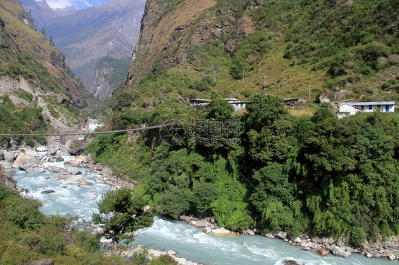 尼泊尔村附近和吊桥图片