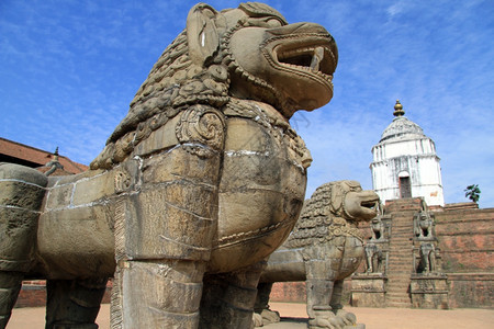 尼泊尔BhaktapurDurbar广场的大狮子和庙宇图片