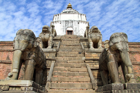 在NepL的Bhaktapur的寺庙台阶上大象是狮子图片