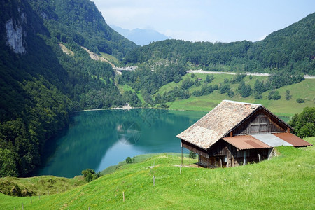 瑞士湖附近山坡上的农舍图片