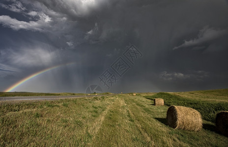 道路和风暴云后彩虹图片