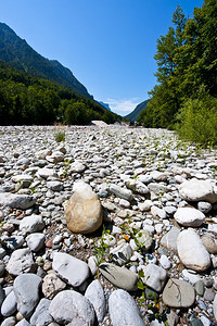 德国巴伐利亚阿尔卑斯山的干河床图片
