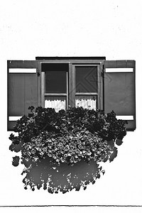 巴伐利亚窗口配有开放木制航天器装饰用鲜花Retro图像过滤样式图片