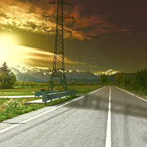 高压电力线在山前雪山的背景下夕阳下的阿尔卑斯山复古风格的色调图片图片