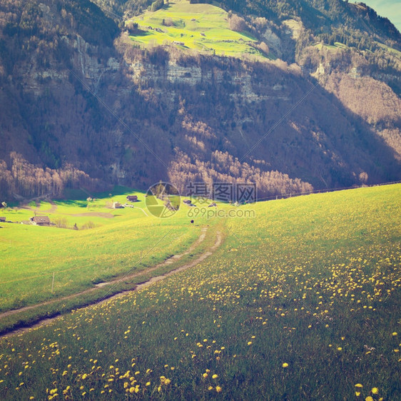 瑞士阿尔卑斯山的小村庄高地Instagram效应图片
