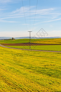 在瑞士阿尔卑斯山背景下沿草地一带的阿斯法特公路和电力线图片