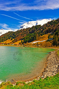 瑞士雪峰阿尔卑斯山顶脉背景下的湖图片