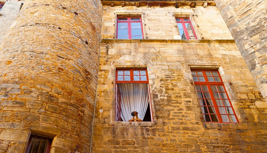 狗在旧石头法国之家的窗口图片