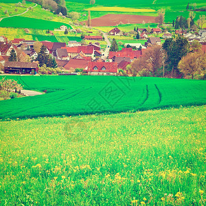 瑞士阿尔卑斯山的小型城市高地周围是牧粉内斯塔克效应图片