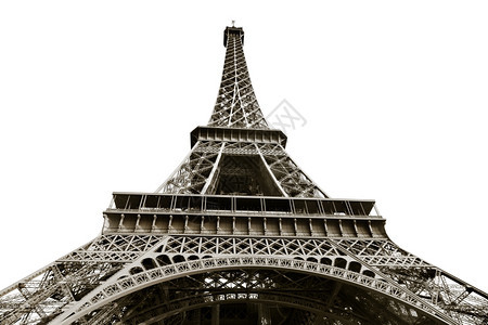 Eiffel塔底视图巴黎白色背景的塔底视图图片