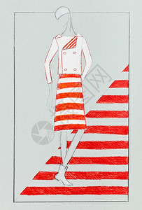 20世纪时装60年来穿红白条纹的衣外套和裙子的妇女图片