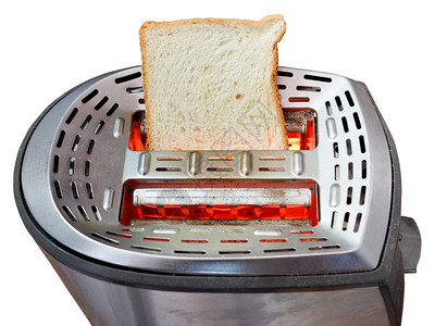 热金属烤面包机上一小片新鲜面包白底孤立于图片