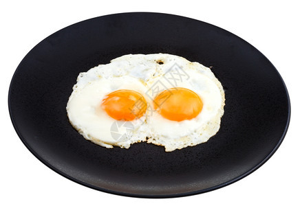 空白背景黑瓷盘上的两个炸鸡蛋图片