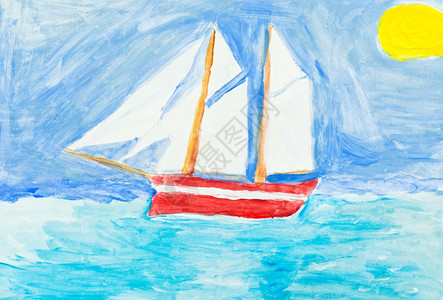 儿童绘画黄太阳下蓝海的帆船图片