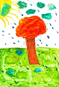 田间雨水下的儿童绘画橙色树图片