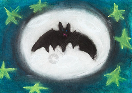儿童绘画带满月背景的夜蝙蝠飞行图片